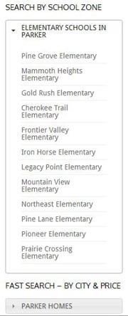 Text drop down box showing elementary schools in Parker, Colorado. These links will take you to all the homes for sale in each specific school zone. 
