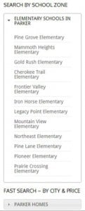 Text drop down box showing elementary schools in Parker, Colorado. These links will take you to all the homes for sale in each specific school zone.