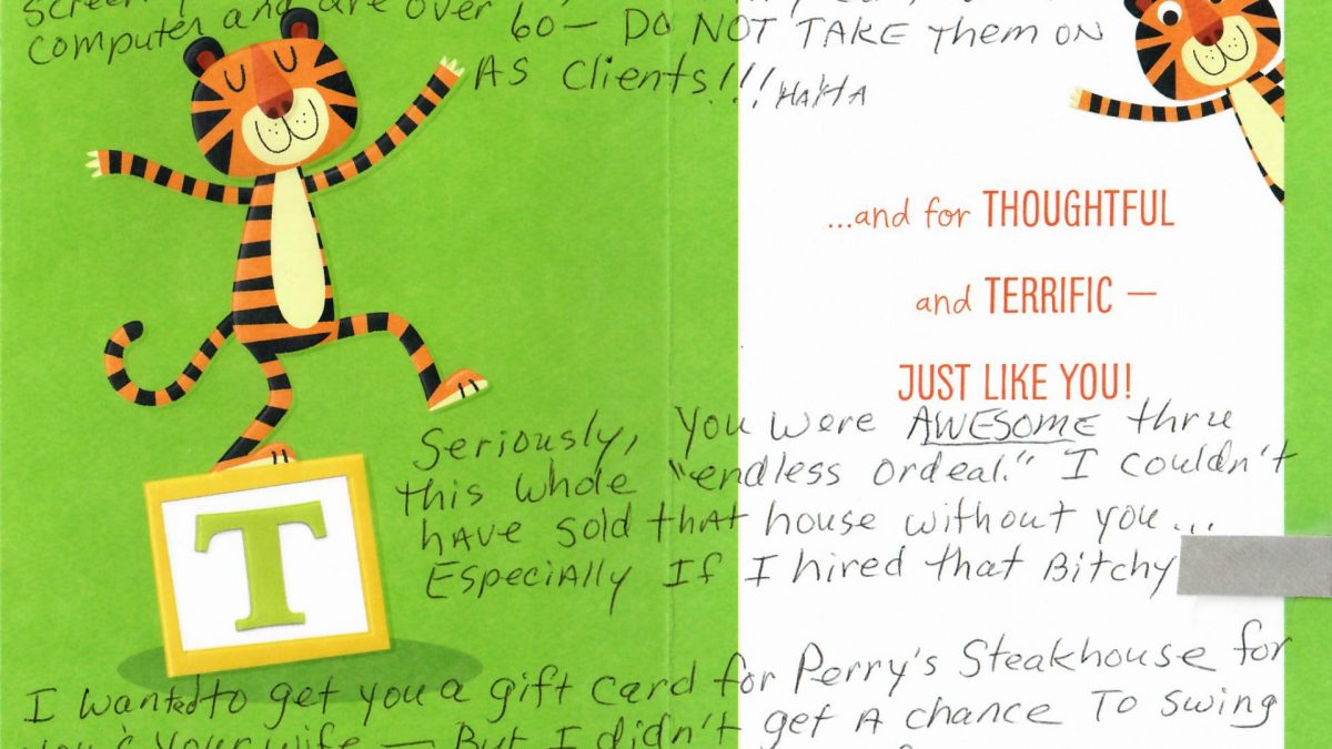 Handwritten Testimonial for Parker, Colorado Realtor Steven beam. Luxury Home Sale