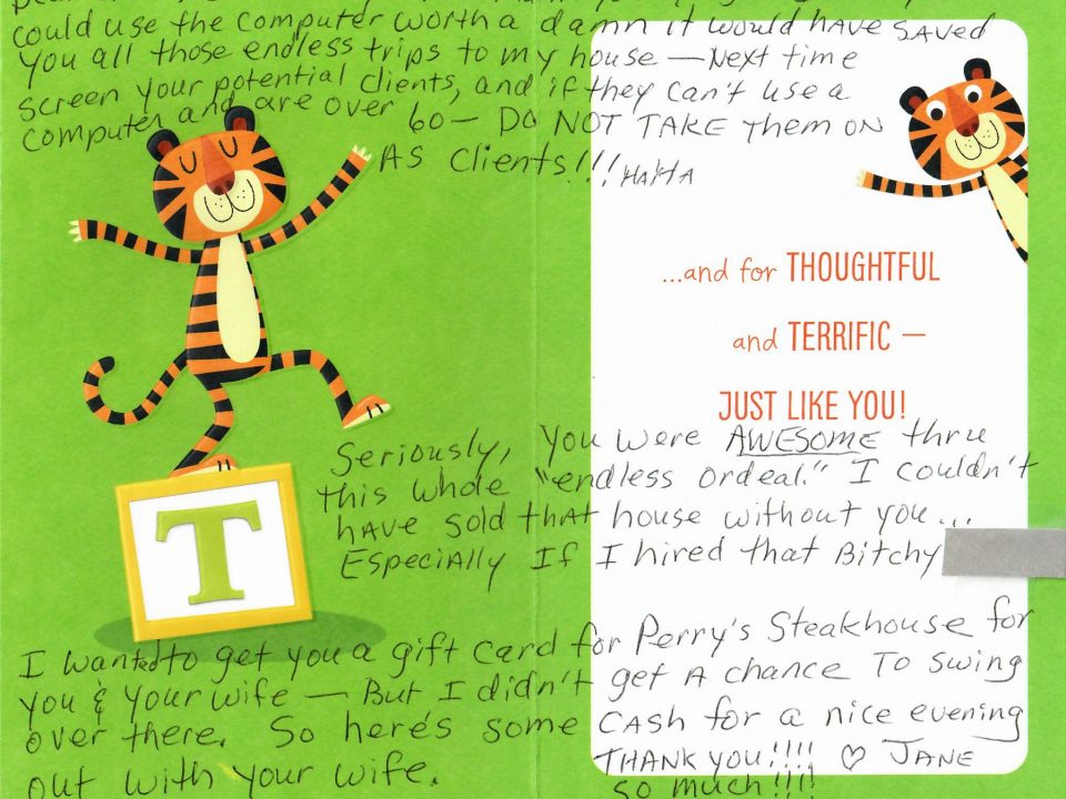 Handwritten Testimonial for Parker, Colorado Realtor Steven beam. Luxury Home Sale